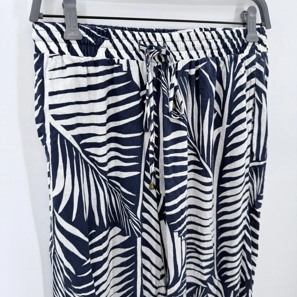 Kuana Jack Navy White Tropical Palm Leaf‎ Linen Blend Jogger Pants Small